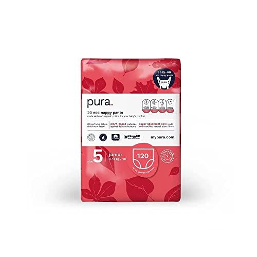 Pura Ecológico Pantalones Pañales Talla 5 (9-14kg /20-30lbs) Paquete mensual 6 x 20 Total 120 pañales de aprendizaje para niños y niñas, con certificación ecológica de la UE