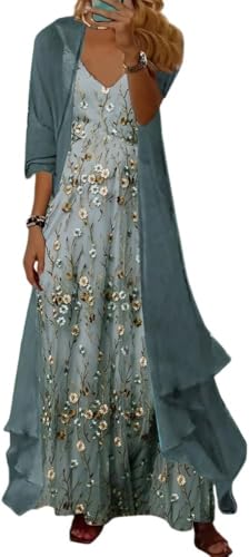 Womens's Casual 2 Piece Set Boho Floral Print Maxi Dress with Cardigan Flowy Chiffon Wedding Guest Dresses for Women