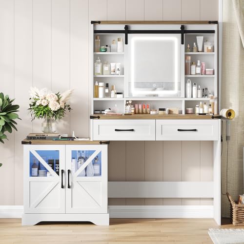 Vabches Vanity Desk with Sliding Mirror and Lights, Makeup Vanity Table with 2 Drawers & Shelves, Dressing Table with Left and Right Adjustable Storage Cabinets for Bedroom, White