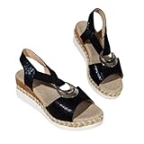 YWeiLiangSan Comfortable Orthopedic Wedge Sandals, Women Solid Color Leather Sandals, Wedge Heel Buckle Ankle Strap Sandals (Black,38)