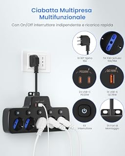 Presa Multipla Salvaspazio,Ciabatta Elettrica Multipresa con Interruttori Indipendenti,Multipresa 5 Posti Polivalenti P40 10/16A Italiana Tedesca Universali Schuko Bipasso,Spina 16A,Cavo Corto,Nero