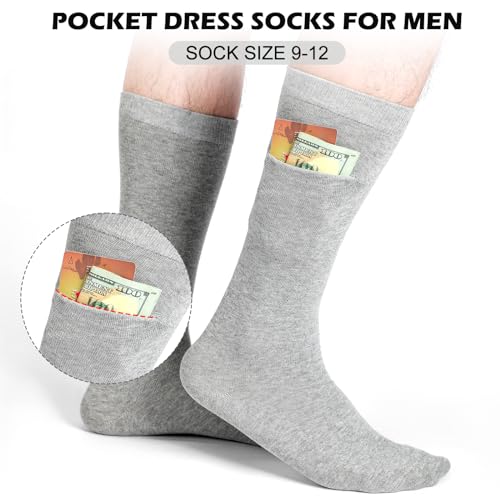 Shihanee 3 Pairs Mens Novelty Pocket Dress Socks Wallet Crew Socks with Hidden Pockets for Traveling, Hiking, Cycling, Working