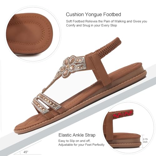 Image of iCKER Womens Rhinestone Strappy Flat Sandals Elastic Ankle Strap Open‑Toe | Sparkling,for wedding,party,evening dates,special occasion,Vacation,Formal