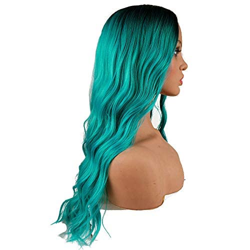 Aidusa Long Wigs Bluish Green Wavy Wigs For White Women Ombre Turquoise Color Long Wig Mermaid Teal Wigs For Women Wavy Blue Wig Synthetic Wigs Aqua Blue Wig Middle Part 26" Wigs (Black To Blue) #TOP3