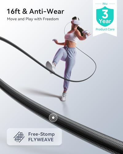 INIU Link Cable, 16FT High Speed Data Transfer VR Cable, USB 3.0 Type C Charger Fast Charging While Playing for Meta Oculus Quest 3 3S 2 Pico 4 Accessories, USB to USBC Cord for Gaming PC Steam VR