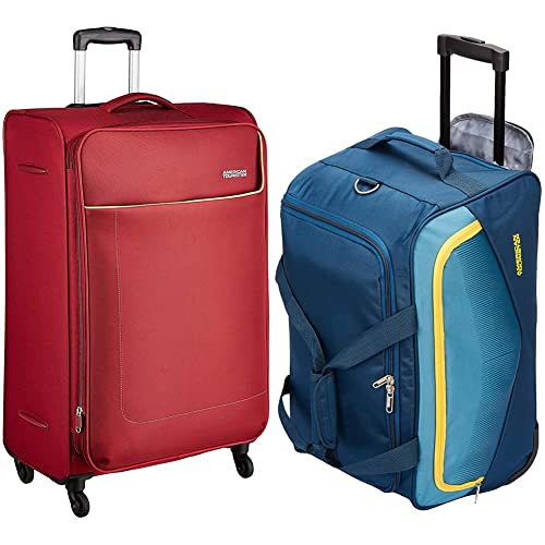 Image of American Tourister 32 Ltrs Black Casual Backpack (AMT Fizz SCH Bag 02 - Black) Ohio Polyester 55 cms Blue Spinner Trolley Bag (FJ9 (0) 01 001)