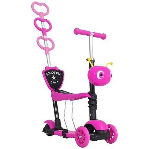 HOMCOM 3 en 1 Patinete para Niños de +18 Meses Scooter de 3 Ruedas con Asiento Extraíble Manillar Mango de Empuje Altura Ajustable 62x25x72,5 cm Rosa