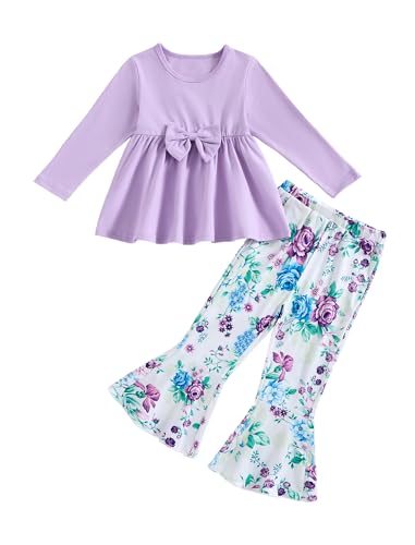 Woleroyir Girls Clothes Ruffle Long Sleeve Top and Floral Flared Pants Set 2 Piece Fall Winter Outfit, Purple, 3-4 Years