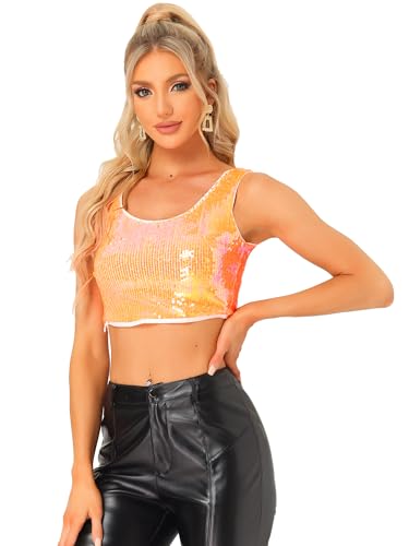 Image of Allegra K Women's Metallic Sequin Crop Top Sparkle Glitter Sleeveless Party Club Tank Top, Orange, XS