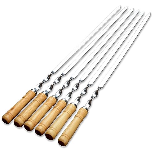 Schaschlikspieße, 6 Stück Edelstahl flache breite Grillspieße mit verbrühungsfestem Holzgriff, Hühnerspieße Länge 60 cm, Breite 1,1 cm und Grifflänge 10,5 cm, Grillspieße für Picknicks.
