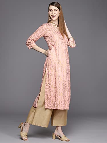 Image of Varanga women peach straight kurta with gold print