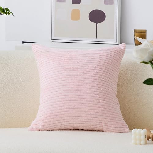 Home Brilliant Soft Square Pillow Cover Striped Corduroy Pillow Case Decorative Pink Throw Pillow Cover 20x20 for Bench Sofa Couch Girl's Rooms, 20 x 20 inch (50cm), Blush Pink