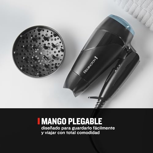 Miniatura 2 de Remington Secador de Pelo Pequeño Compacto, Secador de Viaje, 2000W, Plegable, Ideal Gimnasio, Concentrador, Difusor Compacto, Caudal 60km/h, 3 Temperaturas, 2 Velocidades, Gancho Para Colgar - D1500