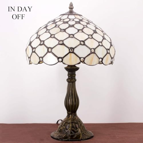 Image of WERFACTORY Tiffany Lamp Cream Amber Stained Glass Bead Table Lamp 18 Inch