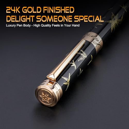 Urhomefull Black Rollerball Pens-Luxury Pens for Women Men, 24K Gold Trim Elegant Pen, Executive Gift Pen Set for Office Graduation Business Nice Roller Ball Pens — view 2