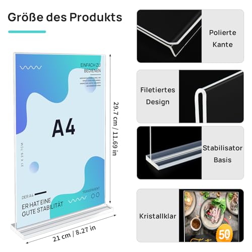 Suofuolef 3 Stück A4 Tischaufsteller, Acryl Werbeaufsteller Display, T-Ständer für Prospekte Werbung Fotorahmen Menükarte, Messen, Büro, Restaurant, Cafe