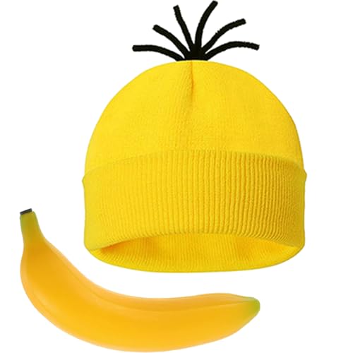 ZOOMPIL Jaune Bonnet Tricoté, Bonnet jaune et Simulation Bananes, pour Fête de Cosplay d'Halloween et Carnaval Accessoires de Deguisement Drole Adultes