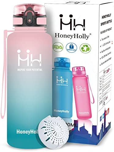 HoneyHolly Big Water Bottle - 1.5L & 2L & 2.2L with Time Markings Leak Proof, Drinks Bottle, with Filter, BPA Free Non-Toxic Reusable, Large water bottle, for Sports, Gym, Travel, Outdoors, Fitness