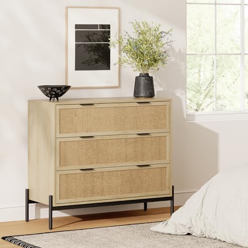 Image of Nathan James Andrew 3-Drawer Rattan Dresser or Boheminan Living Room Storage Cabinet with Natural Rattan Accent and Metal Legs, Light Oak /Black