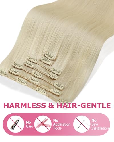 Image of YoungSee Clip in Human Hair Extensions Blonde, 18 Inch Human Hair Clip in Extensions, 120g 7pcs Platinum Blonde Straight Hair, Invisible Clip on Hair Extension for Women