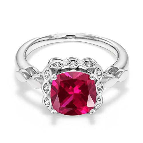 Gem Stone King 8MM Cushion Gemstone Birthstone and White Created Sapphire Engagement Ring For Women | 925 Sterling Silver | Wedding Engagement Anniversary Promise Ring | Available In Size 5-93