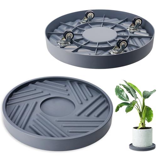 2PCS Round Plant Caddy with Hidden Wheels, Heavy Duty Rolling Plant Stand Caddy with Wheels, Pot Base for Indoor Outdoor, Gray, 13 inches