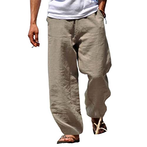 Mens Cotton Linen Pants Loose Wide Leg Beach Yoga Trousers Elastic Waist Drawstring Breathable Pants with Pockets