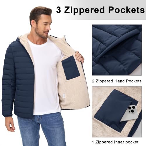 Image of Cotrasen Mens Puffer Jacket Sherpa Lined Water Resistant Hooded Full Zip Mid-Weight Warm Insulated Winter Coat