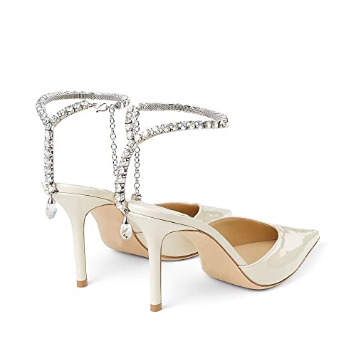Women's 85Mm Patent Leather Pumps Crystal Ankle Straps High Heels Closed Pointed Toe Stiletto Wedding Party Dressy Shoes White #TOP3