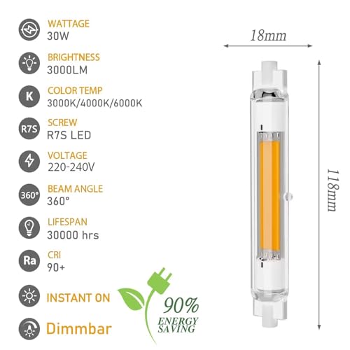 R7S LED 118mm Dimmbar Lampen, 30W R7S LED 118mm Glühbirne Ersatz für 300W Halogen Leuchtmittel, R7S LED COB Stab Warmweiß 3000K 3000LM, Kein Flackern, 360°Abstrahlwinkel, 4er Pack