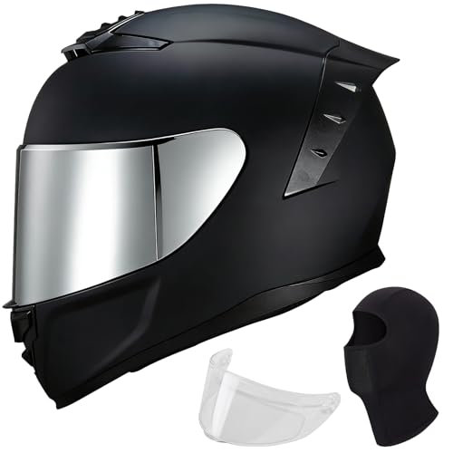 Image of Full Face Motorcycle Helmet,Helmets for Adults Motorcycle, MG611 Motorbike Racing Street Bike Helmets with Black Visor for Men Women,DOT Approved (Matte Black-Sliver+ Mask, S)