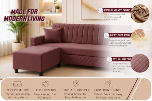 Image of L-Shaped 3 Seater Sectional Sofa with Ottoman | Modern Upholstered Couch | Vertical Channel Tufted Backrest | Diamond Quilted Arms & Base | Comfortable Living Room Furniture - Rose Pink
