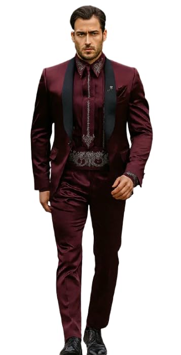 Sateen Fabric Suit - Shiny Tuxedo - Prom Suit - Groom Tuxedos - Burgundy