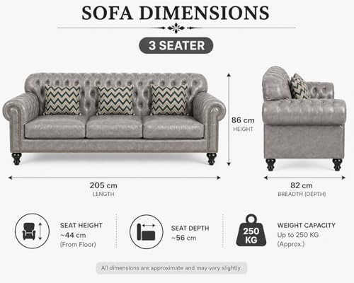 Image of Luxury Sofa Set Luxury Chesterfield Sofa in for Home Living Room & Office (Highback 3 Seater Grey)