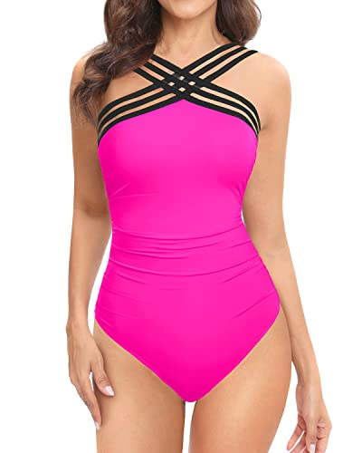 Tempt Me Women Solid Pink Crisscross One Piece Swimsuits Mesh Tummy Control Bathing Suits Front Crossover Swimwear Xl #TOP12