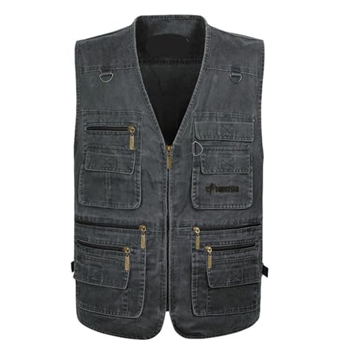NJIEzhao Chaleco de pesca Chaleco vaquero de algodón informal for hombre, chaqueta sin mangas con múltiples bolsillos, talla grande 6XL 7XL, verano(Dark Grey,7XL(110-120KG))