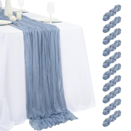 10 Pack Dusty Blue Cheesecloth Table Runner 17x108 Inch Semi Sheer Boho Gauze Cheese Cloth Table Runners, for Wedding Bridal Shower Birthday Party Home Decor Garden Farmhouse