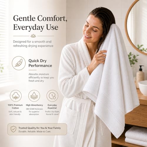 Image of 100% Pure Cotton Bath Towel for Men & Women | 380 GSM Ultra Soft, Highly Absorbent & Quick Dry Bath Towel | Large 55 x 28 Inch Matty Terry Towel for Bathroom, Gym, Travel & Daily Use | White