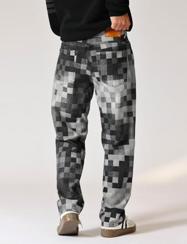 Men Check Mosaic Jacquard Weave Loose Straight Denim Jeans2