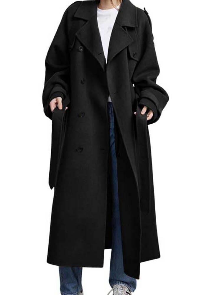 chouyatou Womens Winter Double Breasted Wool Coat Long Sleeve Notch Lapel Midi Long Winter Trench Coat with Belt