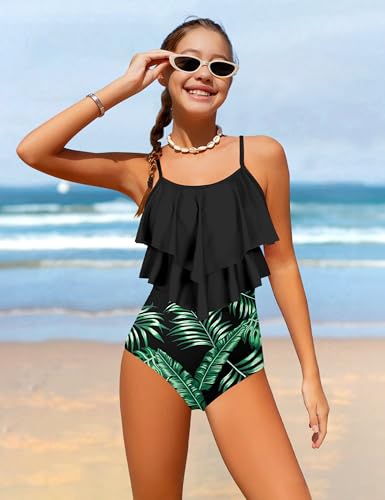 Image of Girls Swimsuit Color Block One Piece Swimsuit 2-Tiered Ruffle Bathing Suit Adjustable Strap Girls' Swimwear 7-16Y