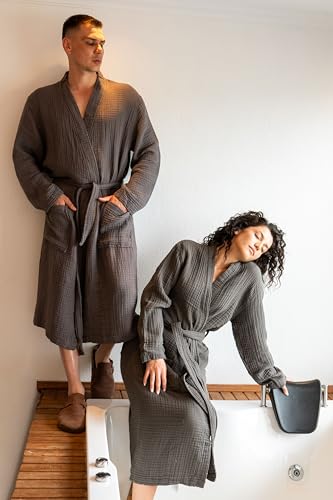 Image of Muslin Unisex Bathrobe Women & Men, 100% Cotton Kimono Lightweight Robe | Long Robes Soft, Absorbent, Spa robes