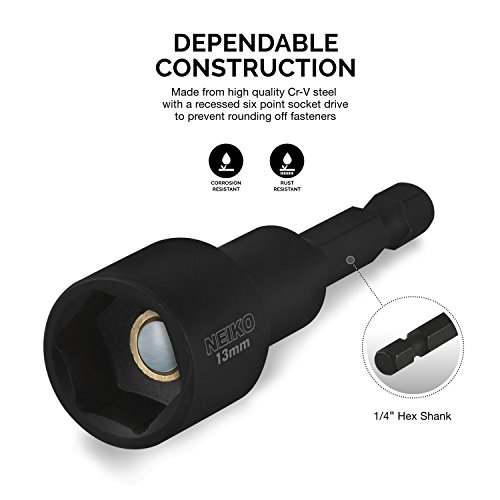 Neiko 10191A Impact Ready Magnetic Nut Driver | 6 Piece | MM | 8 to 14 mm | 2-9/16” Length | Cr-V, metric, Master Kit