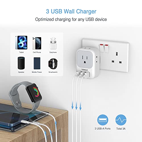 US to UK Plug Adapter, TESSAN Type G Ireland Travel Adaptor with 4 Electrical Outlet 3 USB Charger, USA to England Scotland London Dubai Hong Kong Singapore Kenya British Malaysia Tanzania3