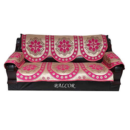 Image of Cotton 12 PCs Design DECAN Sofa Cover with Handle Cover Set of 5 Seater(3+1+1+6)-Pink