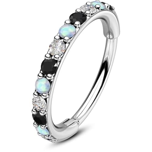 OUFER Opal and CZ 20G Nose Rings Hoops, 316L Surgical Steel Hinged Segment Nose Piercing Jewelry, Septum Lip Eyebrow Rings Cartilage Conch Rook Helix Tragus Daith Earrings For Women and Men-