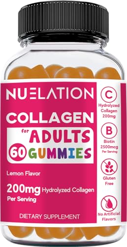 NUELATION 200mg Hydrolyzed Gummy Collagen for Women & Men. 2500mcg Biotin Gummies with 5mg Vitamin E, 50mg Vitamin C & 5mg Zinc. Gluten-Free, Non-GMO, Keto Friendly Adult Biotin and Collagen Vitamins