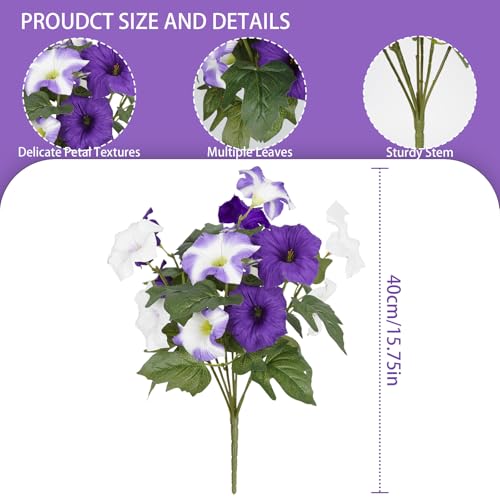 Image of Artificial Flowers for Outdoors, Faux Morning Glory Spring Summer Decoration, Fake Flowers Plants UV Resistant Look Real Silk Flowers for Outside Planter Front Door Porch Patio Yard (12, Purple-White)