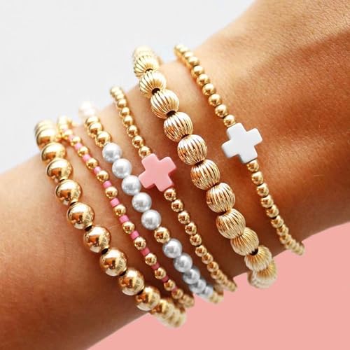 Long tiantian Gold Beaded Bracelet Stack for Women Pearl Cross Stretch Bracelets Non Tarnish Trendy Halloween Christmas Jewelry Gifts4