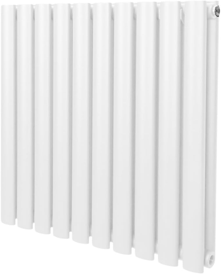 Oval Column Radiator 600mm x 600mm Modern Designer Double Panel Central Heating Heater Gloss White Carbon Steel Horizontal Kitchen Living Room Bathroom Free Cleaning Brush Fixing Kit & Brackets